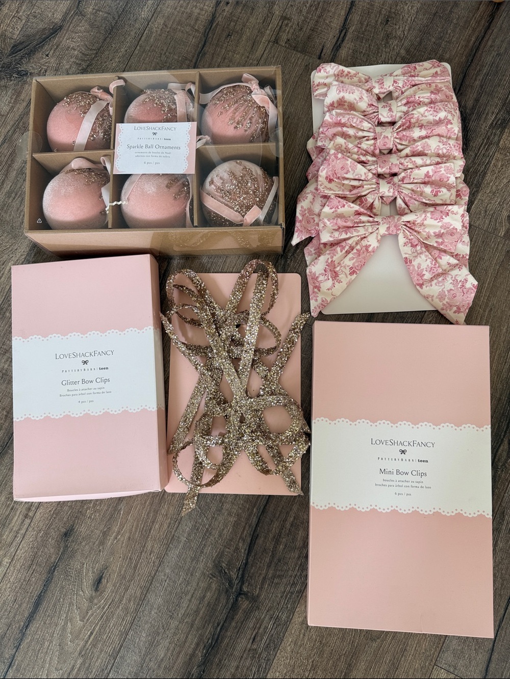 Pottery Barn Teen LoveShackFancy Pink and Gold Holiday Bow & Ornament Set